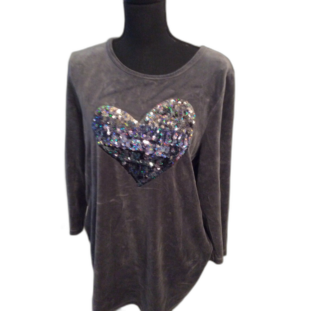 Quacker Factory Gray Top Sparkly Heart Sequin Women's Large L
